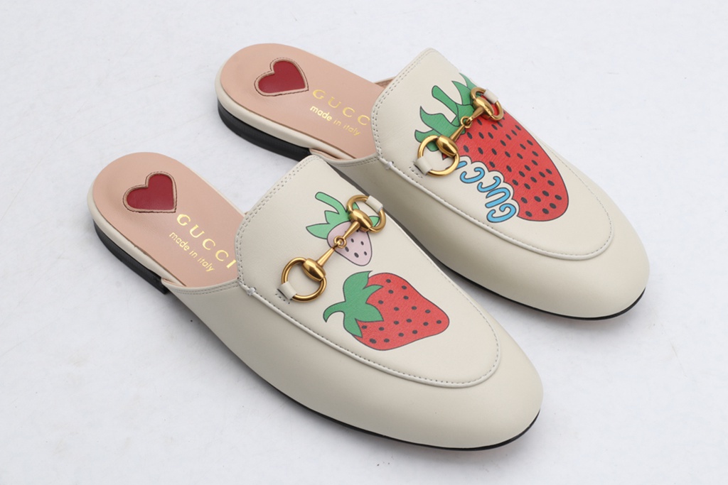 White New Strawberry Print Princetown Leather